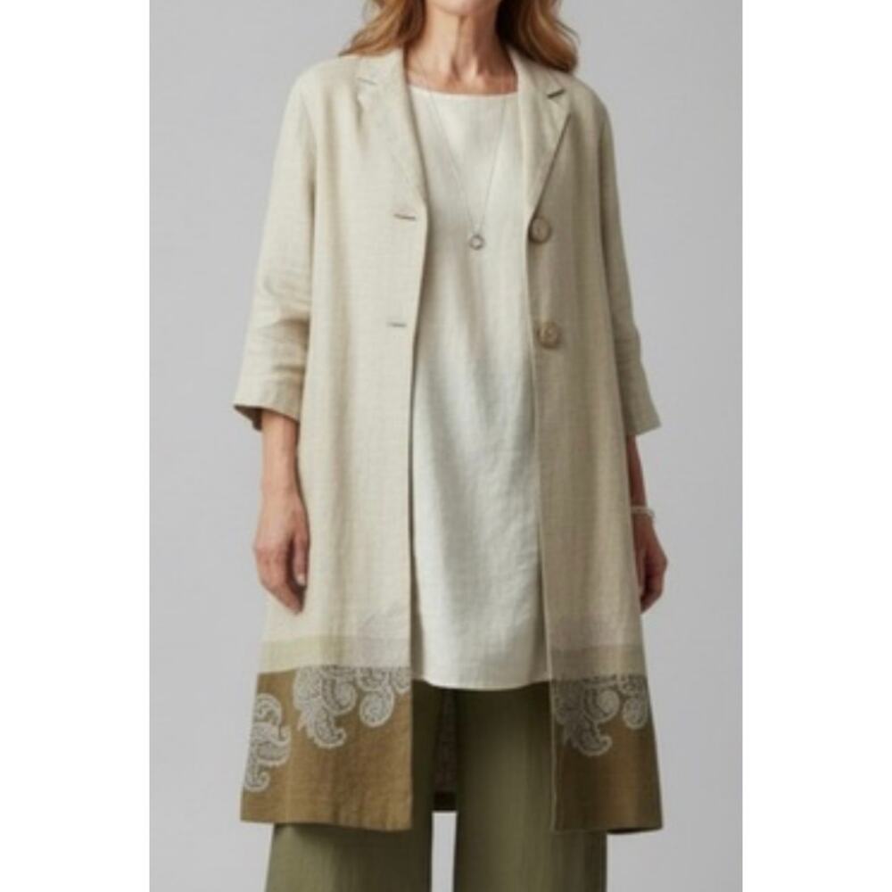 J Jill Duster Coat 100% Linen Embroidered Two Tone Jacket Boho Womens Small